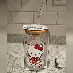 🎄 Hello Kitty Candy Cane Outfit Glass Tumbler NWT